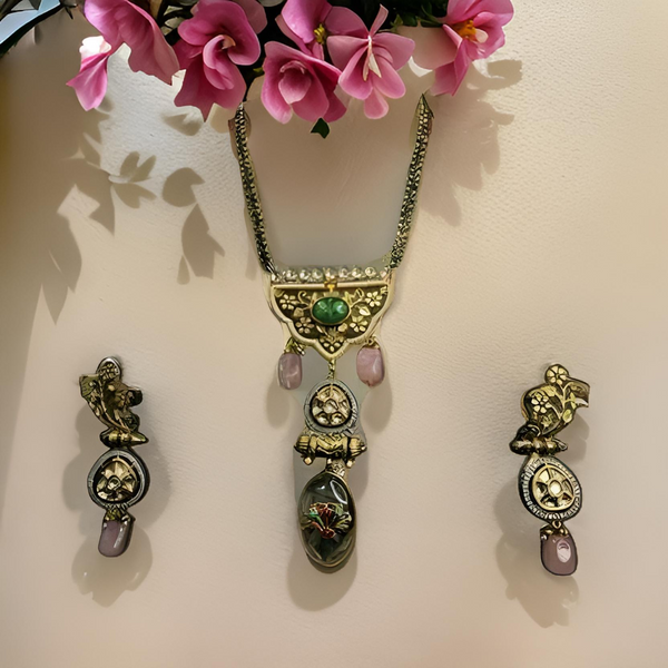 Breathtaking Golden Allure with Pink Statement Pendant Necklace Set