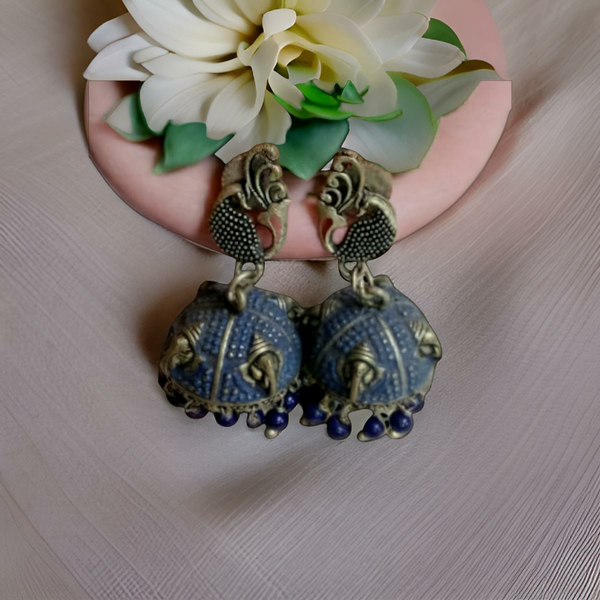 Dancing Peacock in Blue Enamel and Royal Elephant Jhumka Earrings