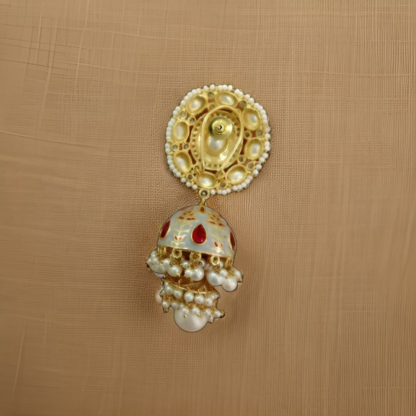 Glorious Grey Meenakari Kundan Pearl Jhumka Earrings