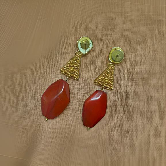 Fancy Red and Hand Carved Golden Beads with Kundan Earrings