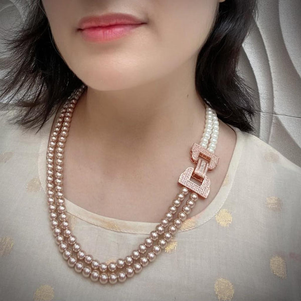Infinity in Rose Gold Zircon with Off White Shell Pearl Necklace