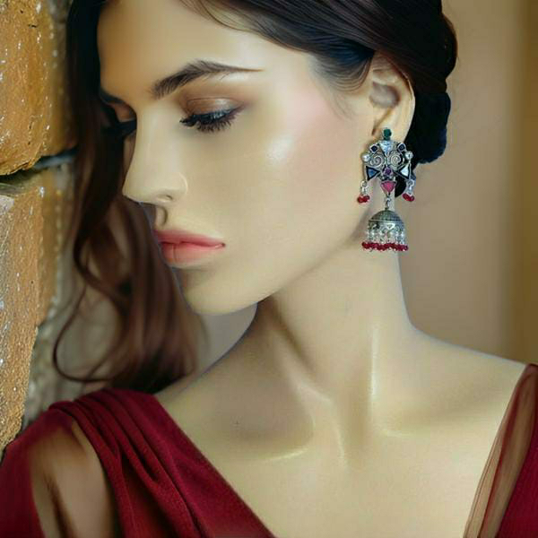 Fabulous Blue Red and Silver Jhumka Long Earrings