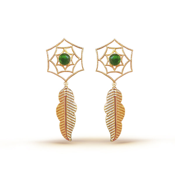 Leaf and Flower Gold and Green Long Earrings