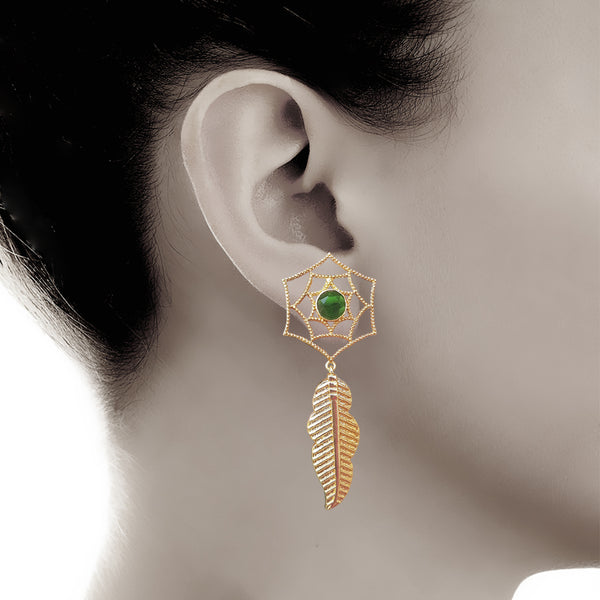 Leaf and Flower Gold and Green Long Earrings
