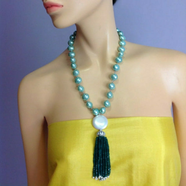 Sea Green Shell Pearl With Fresh Water Pearl  Tassel Necklace