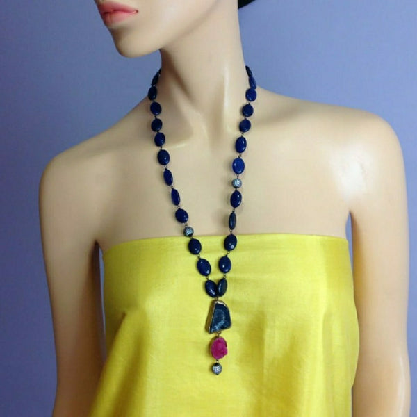 Navy Blue Gemstone With Druzy Pendant Necklace