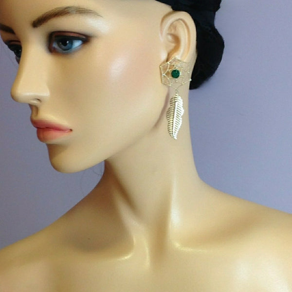 Leaf and Flower Gold and Green Long Earrings