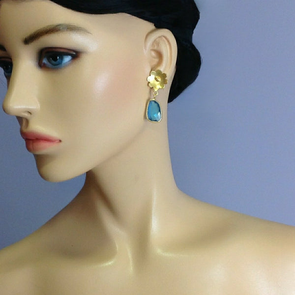 Flower gold plated transparent Blue Marble finished Earrings