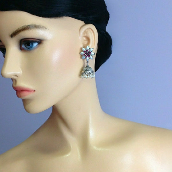 Floral Elegance in Silver Jhumka Earrings