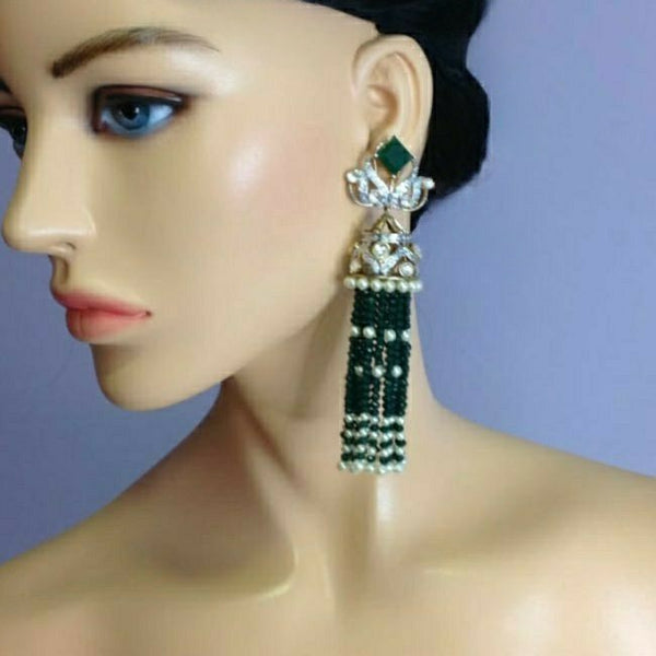 Elegant Emerald Green Crystal And Kundan Long Earrings