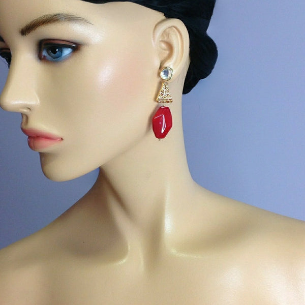 Fancy Red and Hand Carved Golden Beads with Kundan Earrings