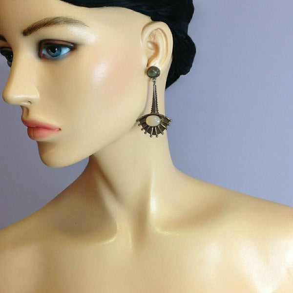 Gorgeous Peach Quartz and Labrodite Stone Metallic Brown Earrings