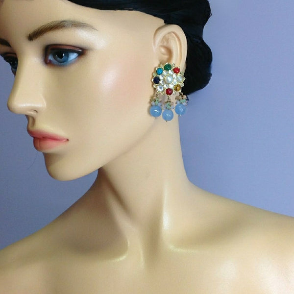 Multi-Coloured Floweret Gemstones With Pearl Drop Earrings