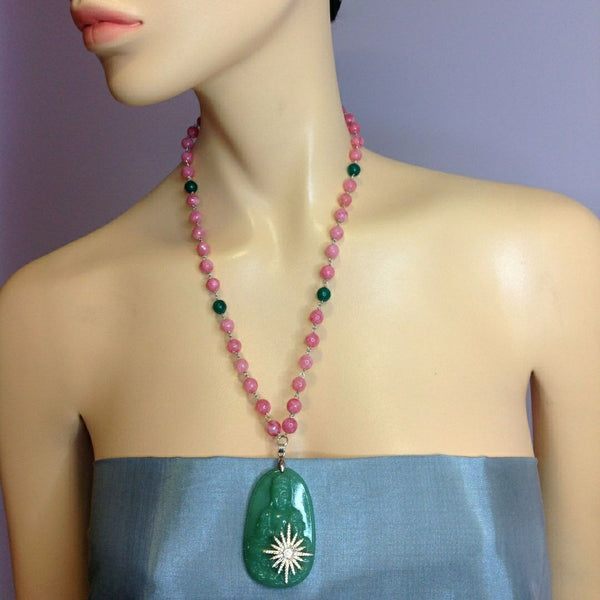 Periwinkle Pink Enlighted Buddha Green Pendant Necklace