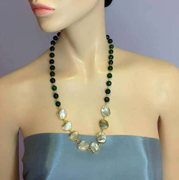 Glam Green Gemstone With Mother Of Pearl Necklace