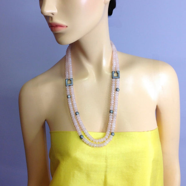 Beauticious Baby Pink Gemstones With Square Crystal Necklace