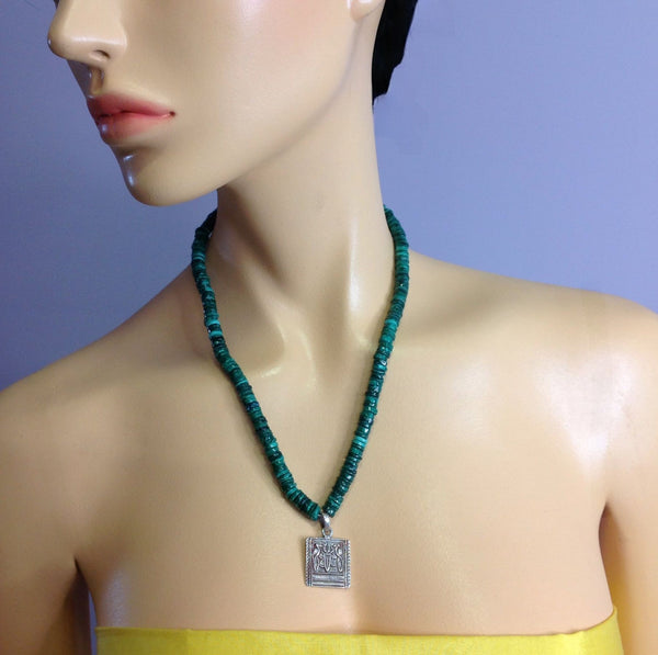 Green Malachite Semi Precious With Silver Pendant Necklace
