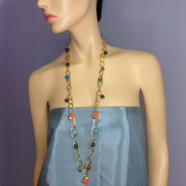 Delicious Multicolored Gemstone Chain Rose Coral Necklace