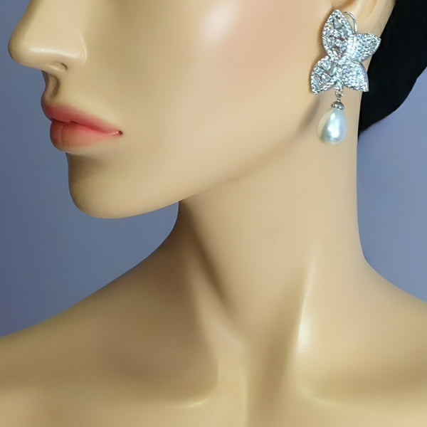 Magnificent Butterfly Crystal And Pearls Damsel Drop Earrings
