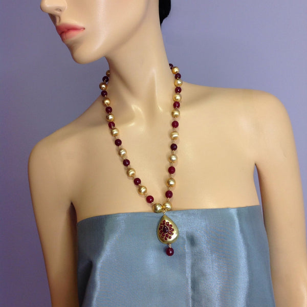 Dazzling Maroon Gemstones and Golden Beads Necklace