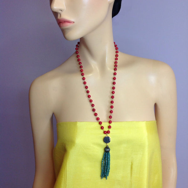 Charismatic Cherry Red Corals and Aquamarine Green Tassel Necklace