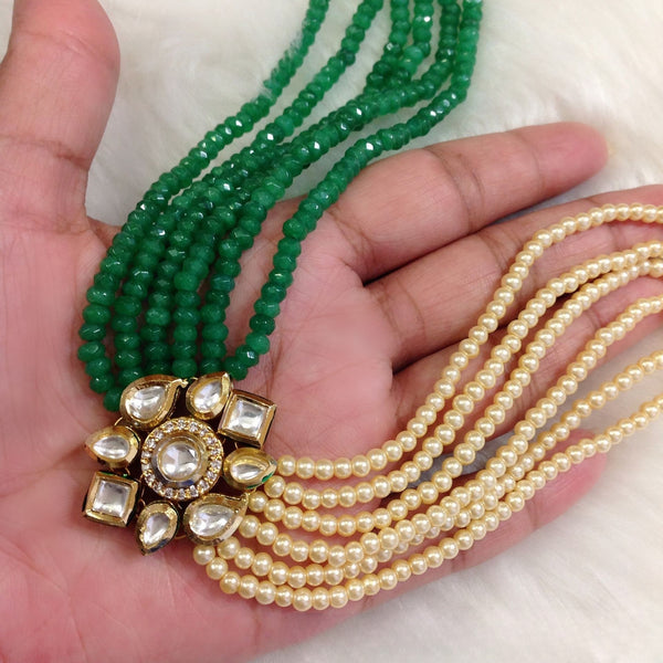 Majestic Multistranded Green and Pearl Dual Choker Necklace Set