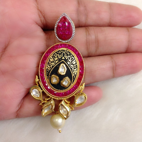 Enchanting Kundan with Regal Black Enamel and Pink Drop Earrings