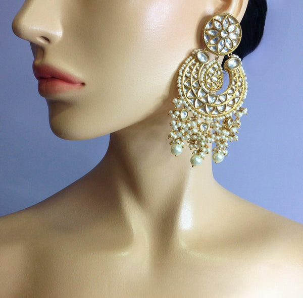 Golden Kundan Shell Pearl Chandbali Long Earrings