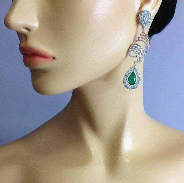Emerald Green and Rose Zircons Long Earrings