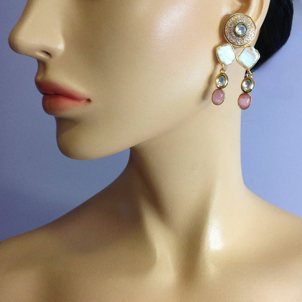 Pleasing Pink Onyx with Peach Enamel Kundan and Baroque Pearl Earrings