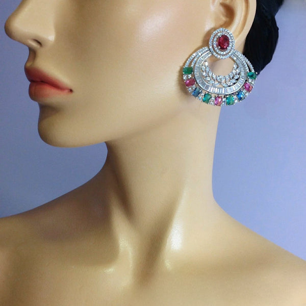 Red Green Diamonds Chandbali Earrings