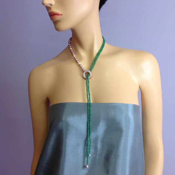 Gracious Green with Rose Gold Pearl Crystal Ring Necklace