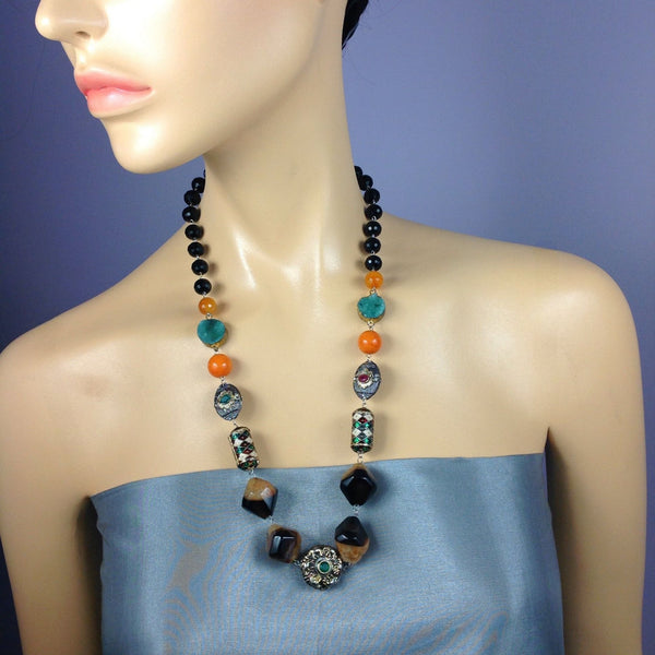 Lustrous Orange Green and Brown Agate Necklace