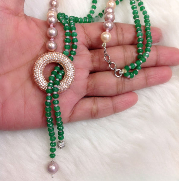 Gracious Green with Rose Gold Pearl Crystal Ring Necklace