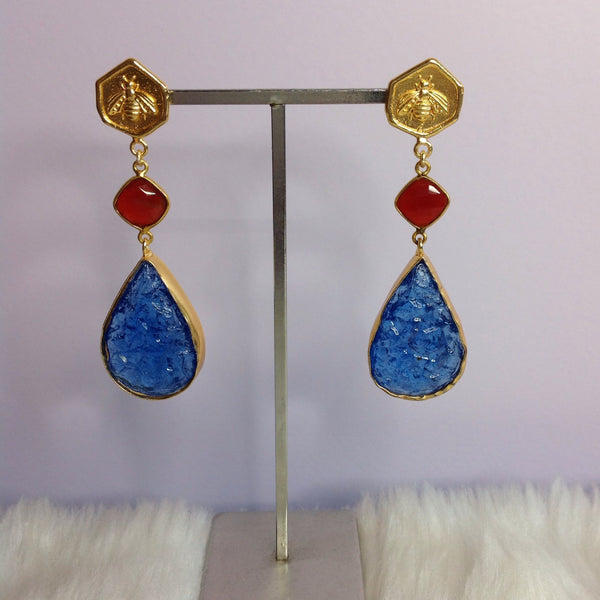 Blue Droplet and Golden Cicada Earrings