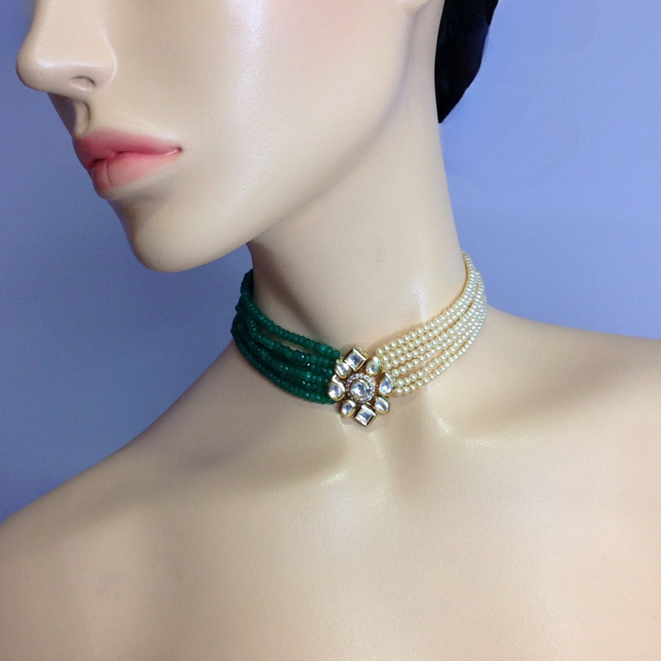 Majestic Multistranded Green and Pearl Dual Choker Necklace Set