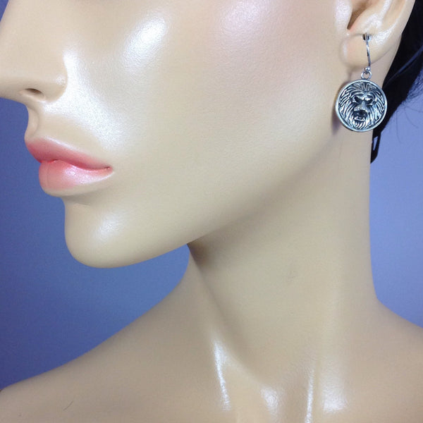 Silver Lion Drop Earrings