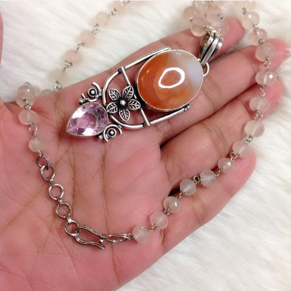 Ravishing Rose Quartz Beads Tangerine Pendant Necklace