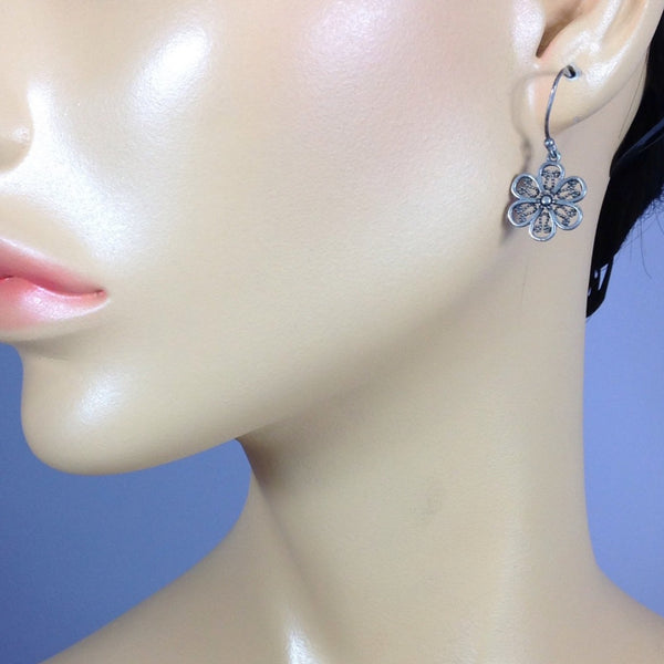 Small Flower Design 925 Silver Drop Earrings