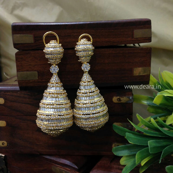 Antique Gold & Cubic Zircon Studded Long Earrings