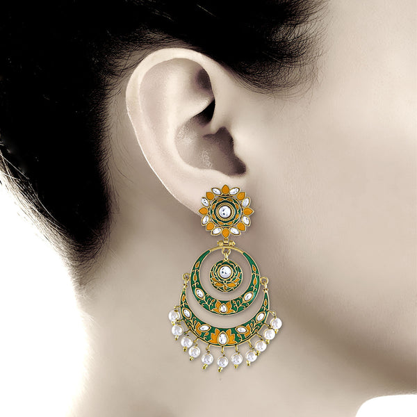 Ethnic Green And Yellow Gold Plated Chandbali Pearl Earrings