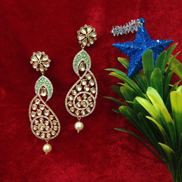 Splendid Seafoam Green Kundan And Crystal Long Earrings