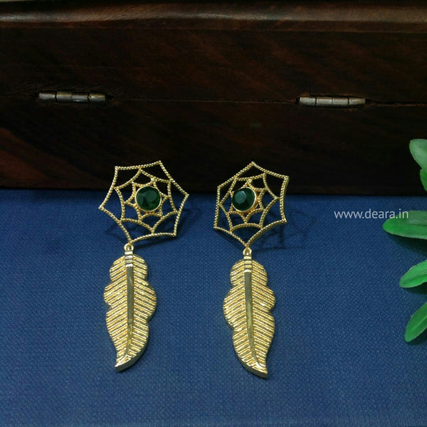 Leaf and Flower Gold and Green Long Earrings