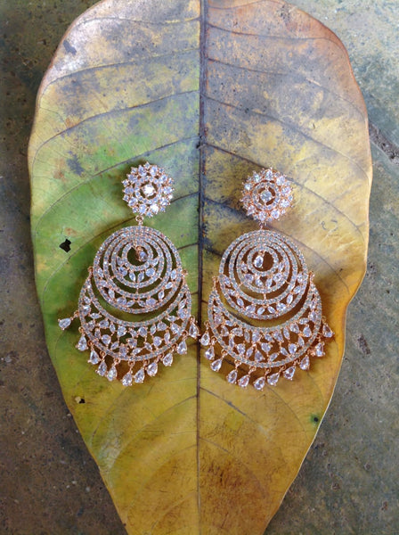 Spherules of Rose Gold Crystal Chandbali Long Earrings