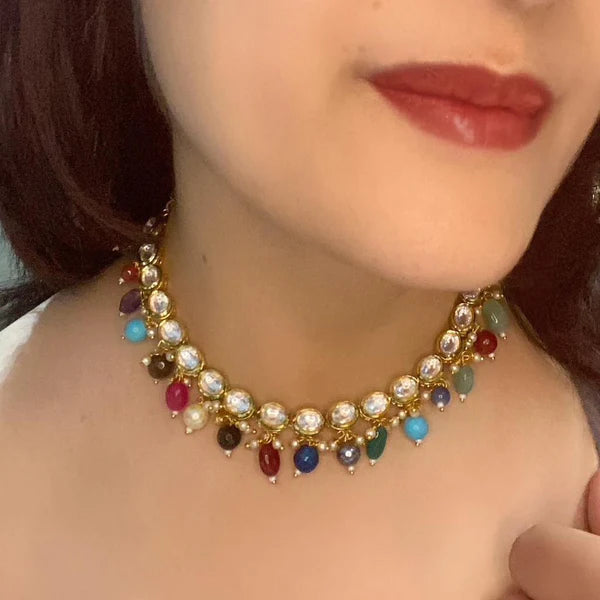 Shimmering Kundan with Multicolour Choker Gemstones Necklace Set