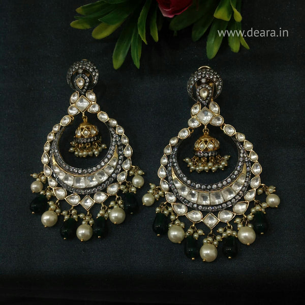 Lustrous Kundan & Pearls Green Chandbali Long Earrings