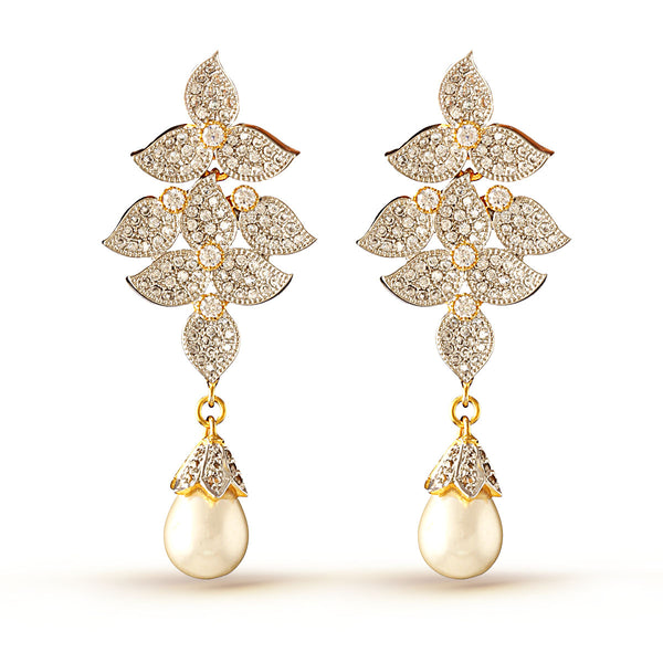 White and Gold Tripartite Pearl Dangler Earrings