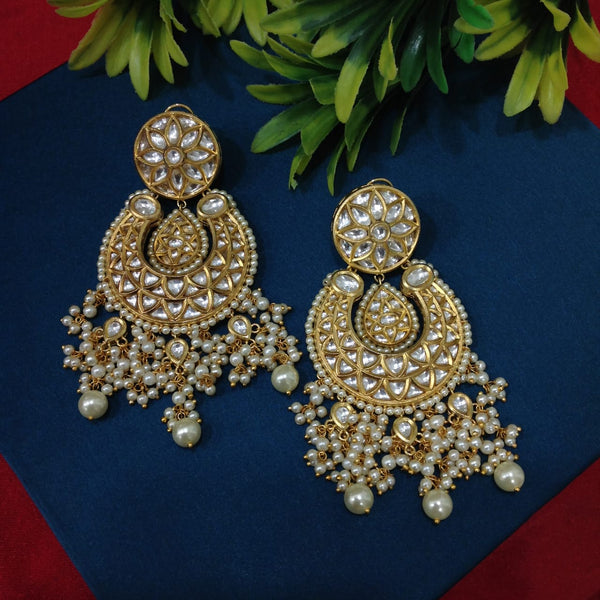 Golden Kundan Shell Pearl Chandbali Long Earrings