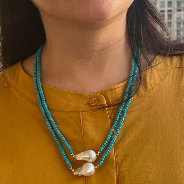 Dazzling Baroque Pearls with Turquoise Beads Necklace