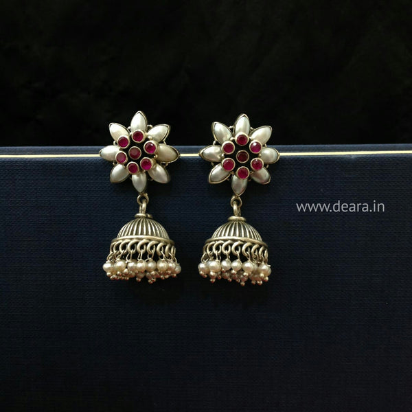 Floral Elegance in Silver Jhumka Earrings